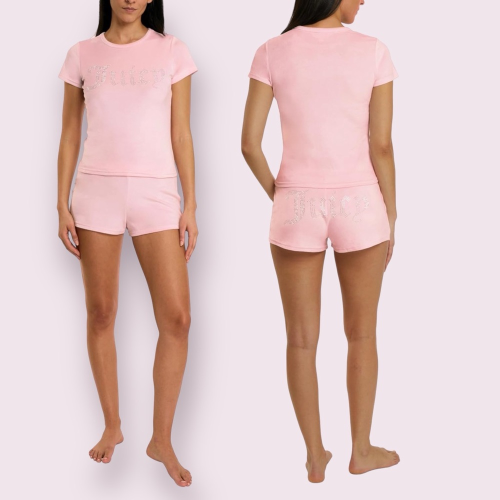 Juicy Couture 2PC Velour Short Sleeve Top & Shorts Pajama Set, Lola Pink